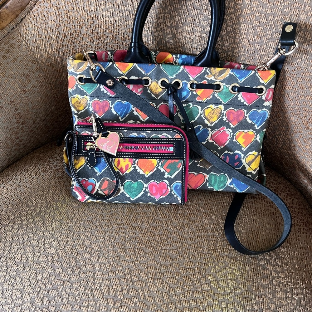 SOLD-Dooney and Bourke black rainbow hearts bag with wallet
